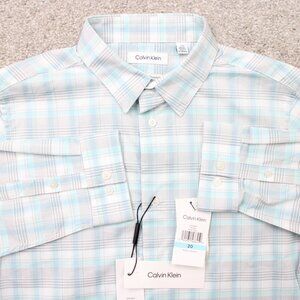 Calvin Klein Dress Shirt NWT Boys 20 Blue/White Slim Fit & Stretch Long Sleeve